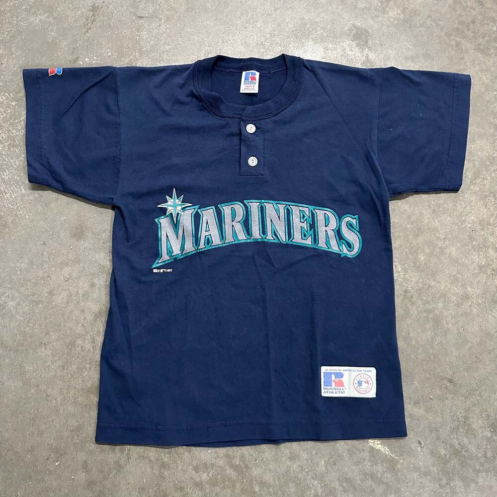 Vintage 1997 Russell Athletic Seattle Mariners MLB Youth Small Henley T-Shirt